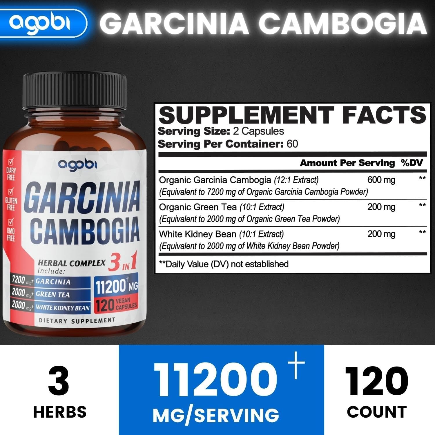 Agobi 3In1 Garcinia Cambogia Extract Capsules - 11200Mg Herbal Supplement for Body Health & Immune Support - Blended with Organic Green Tea & White Kidney Bean - 120 Vegan Capsules - 2 Month Supply