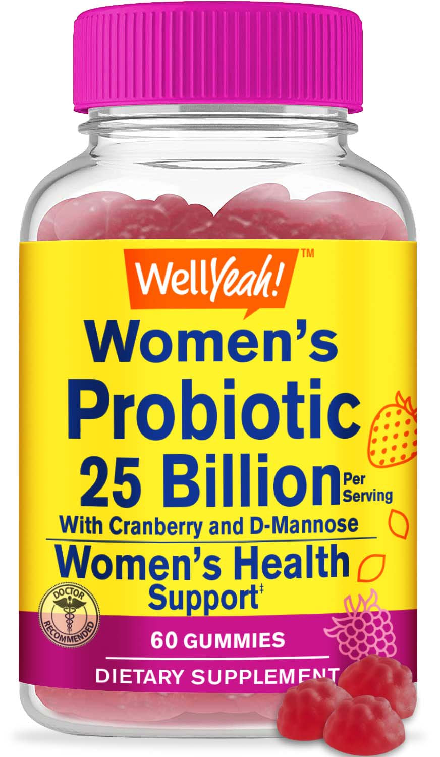 Wellyeah 25 Billion Probiotics for Women with Cranberry and D-Mannose Gummies - Vaginal Health, Digestive Support, Gut Health, and Feminine Health - Womens Probiotic with 12 Strains - 60 Gummies