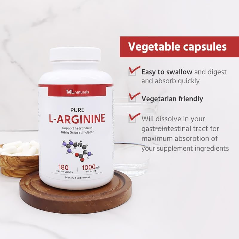 ML Naturals Pure L-Arginine 1000 Mg 180 Vegetable Capsules. Amino Acid, Nitric Oxide Stimulator, and Supports Heart Health.