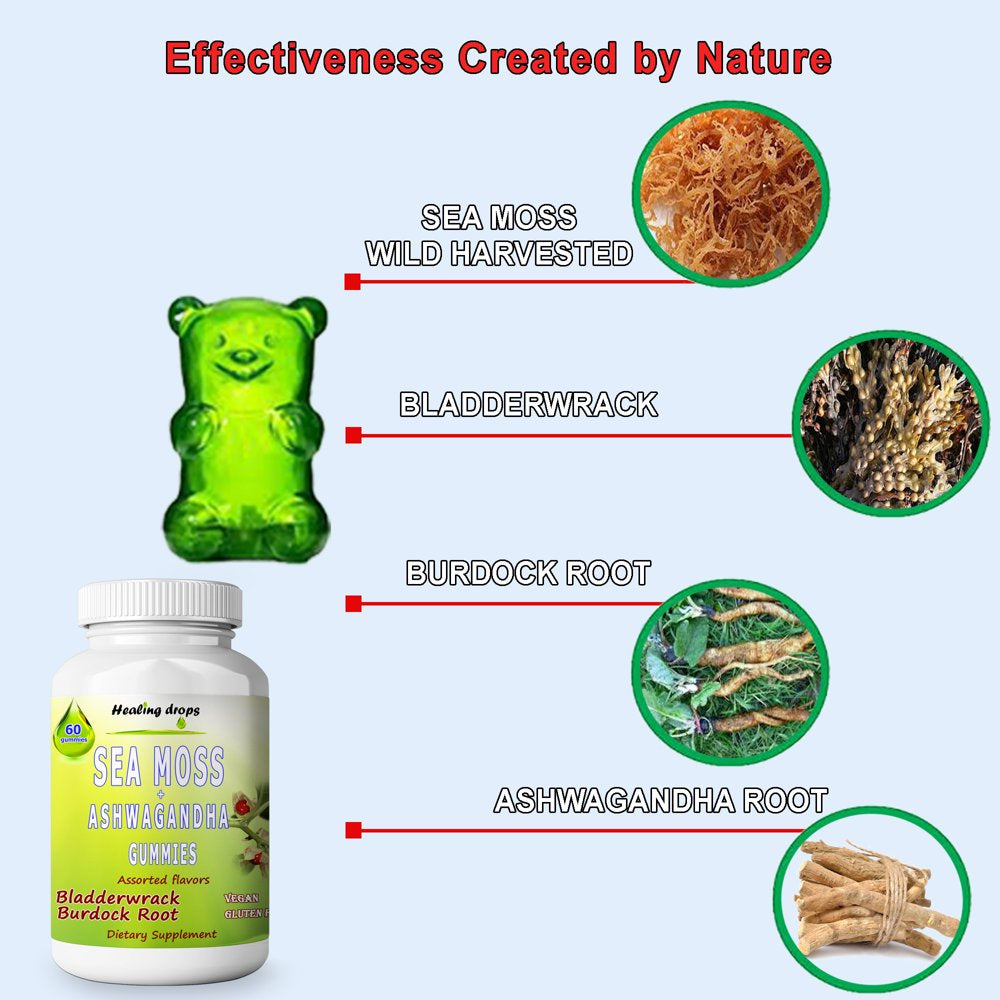 Sea Moss Gummies Ashwagandha with Bladderwrack Burdock Root Alkaline Keto Vegan Non-Gmo Diet by Healing Drops