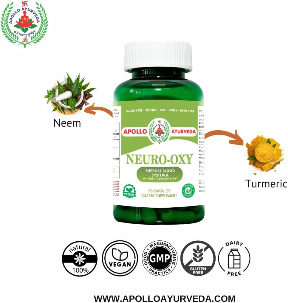 Apollo Ayurveda Neuro Oxy Support Heart Health Blood System Equivalent 5000 Mg Neem and Turmeric (Haldi) Ayurvedic Vegan 60 Capsules