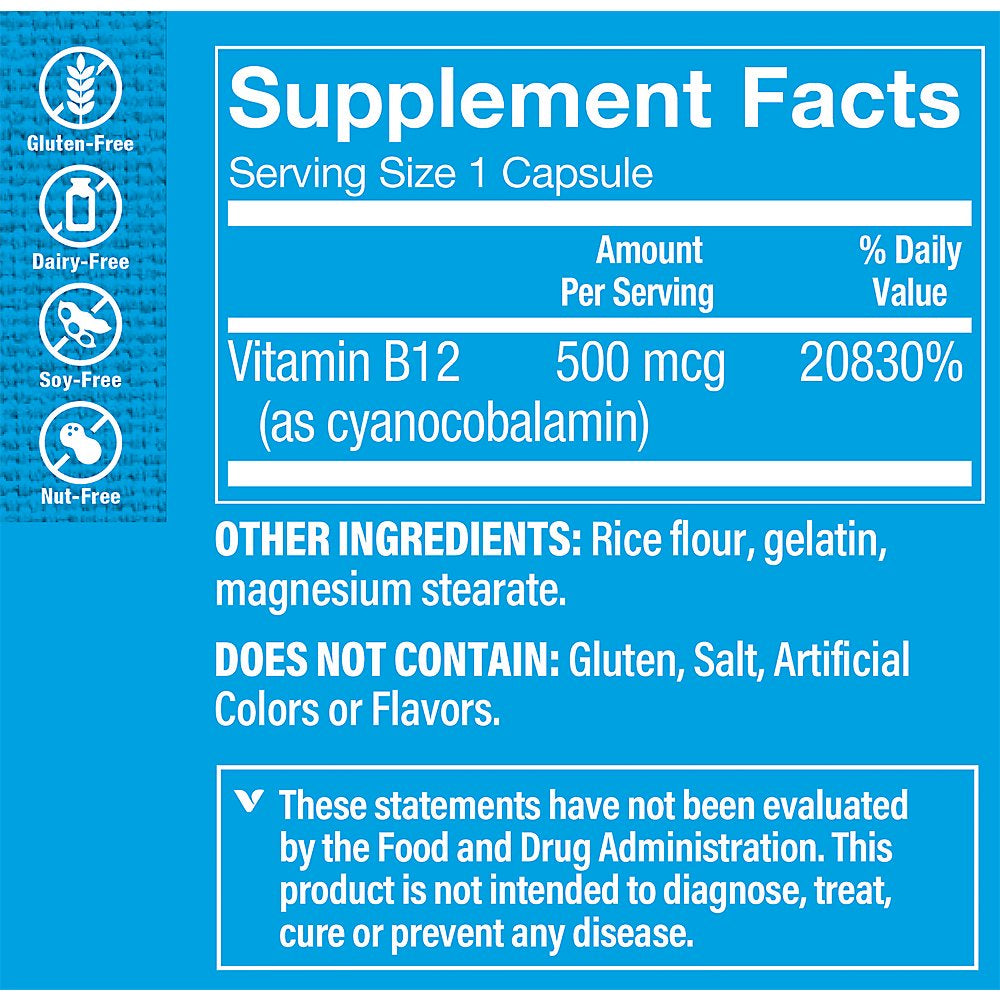 Vitamin B12 500Mcg - Supports Energy Production, Once Daily Dietary Supplement - Vitamin B-12 (As Cyanocobalamin), Gluten & Dairy Free (100 Capsules) by the Vitamin Shoppe