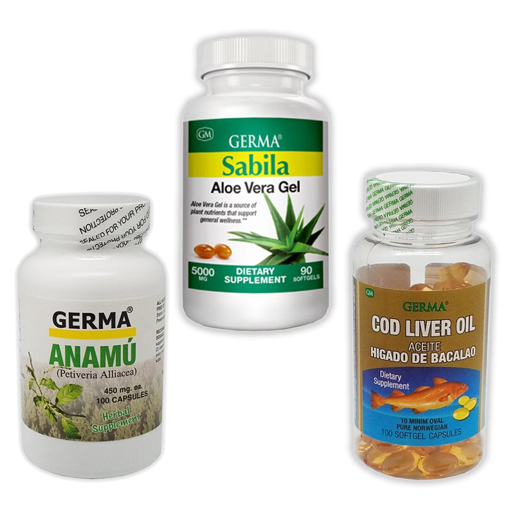 Germa Dietary Supplement Kit. Cod Liver Oil. 100 Caps + Aloe Vera Natural Laxative. 90 Gels + Germa Anamu Supplement. 100 Caps.