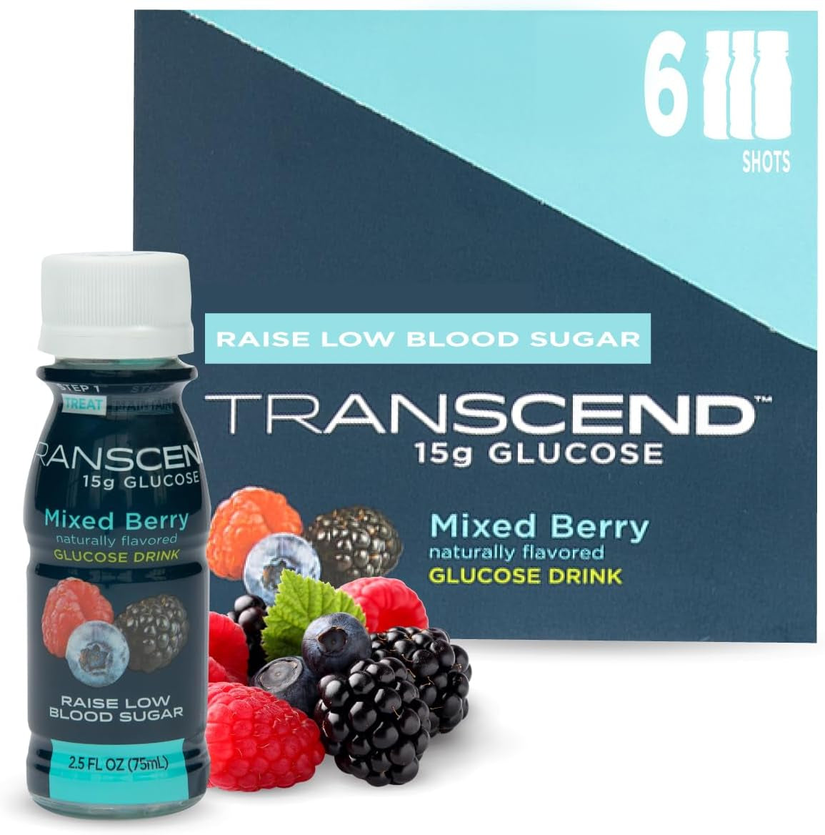 Transcend Glucose Shots - Mixed Berry - 12 Pack (2.5Oz Each) - Blood Sugar Support Liquid Glucose Shots for Diabetics - Fast Acting Glucose, Gluten Free, Vegan, Precise 15G Dose - Made in the USA