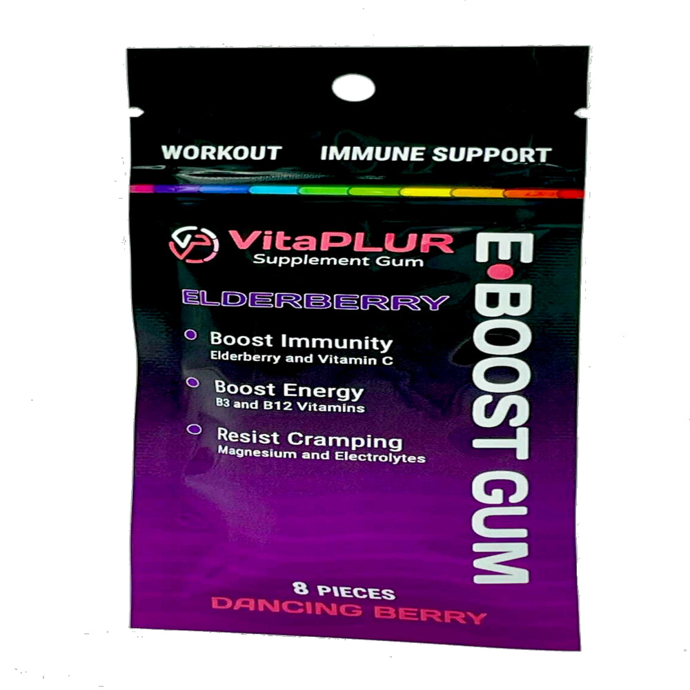 Vitaplur E-BOOST Magnesium & Elderberry Supplement Gum with B & C Vitamins, Dancing Berry Flavor, 8 Pieces