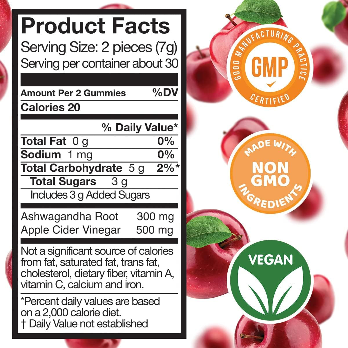 Safer Products Ashwagandha Apple Cider Vinegar Gummies - Support Immune Health, Endurance, Mood, Stress, Sleep, Brain Health - Vegan, Non-Gmo 60Ct