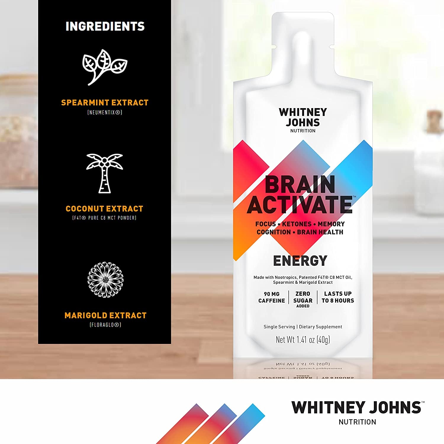 Whitney Johns - Brain Booster Gel Packs, Neuro Enhancer, Brain Supplements for Memory & Focus, Reduce Brain Fog Elevate Ketones, C8 MCT-F4T - Zero Added Sugar, 90Mg Caffeine, 12 Go Anywhere Gel Packs