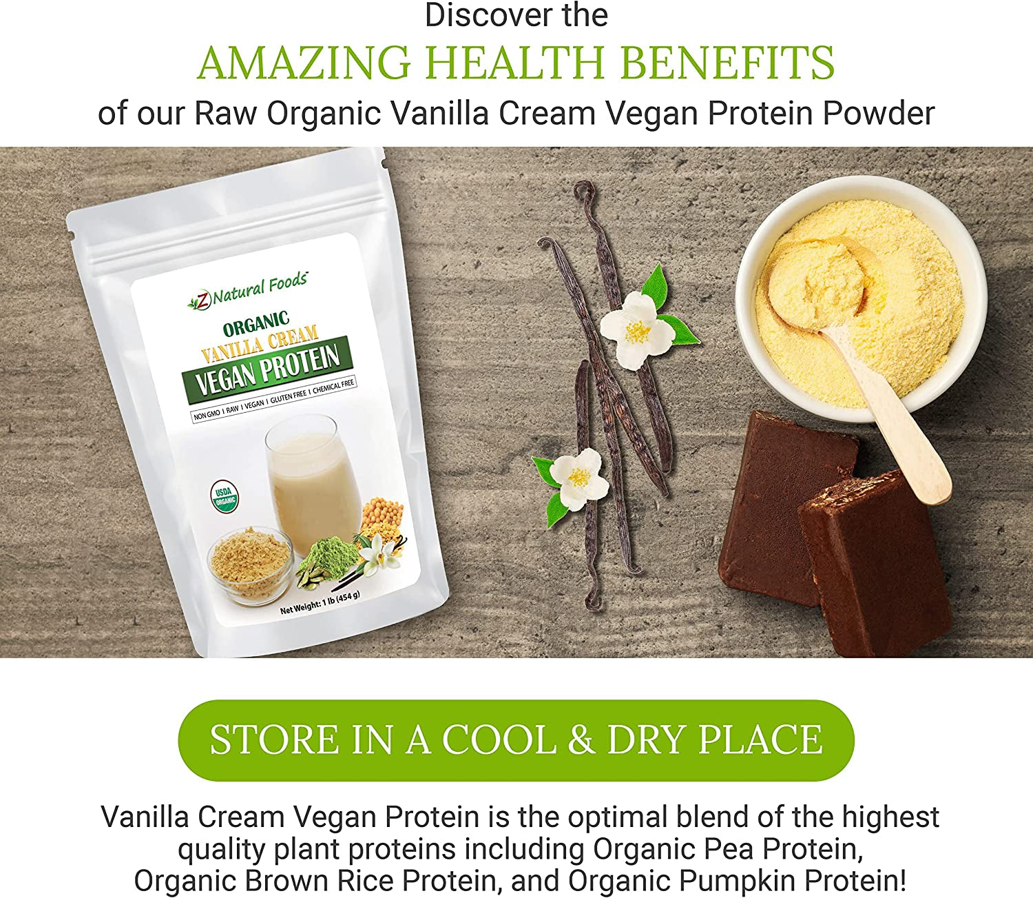 Z Natural Foods Organic Vanilla Cream Vegan Protein Powder, Vanilla Flavored Vegan Protein Supplement, All Natural, Vegan, Non-Gmo, 1 Lbs