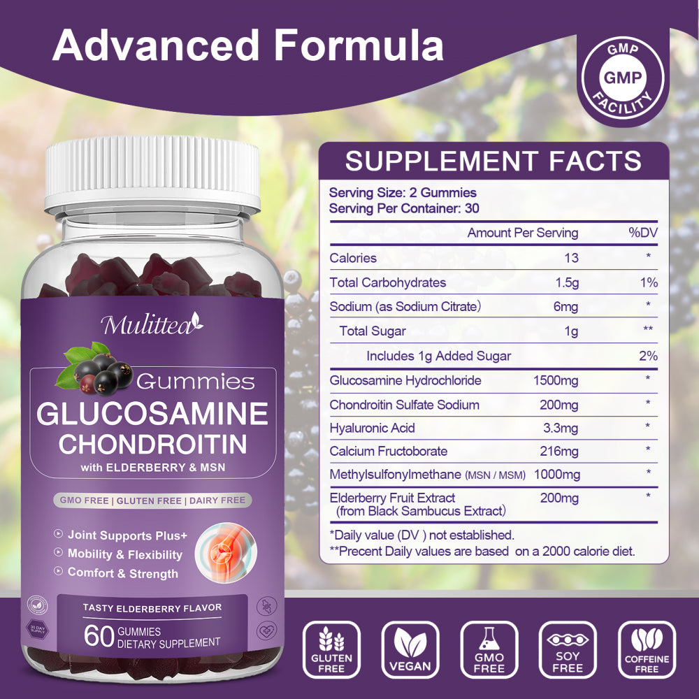 (2 Pack)Mulittea Glucosamine Chondroitin Gummies,With MSM & Elderberry,Joint Support Supplement Immune Support,120 Count