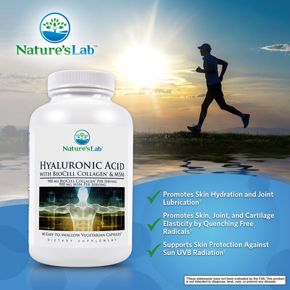 Nature'S Lab Hyaluronic Acid with Biocell Collagen and MSM - 60 Capsules (20 Day Supply) - Skin Hydration, Joint Health*