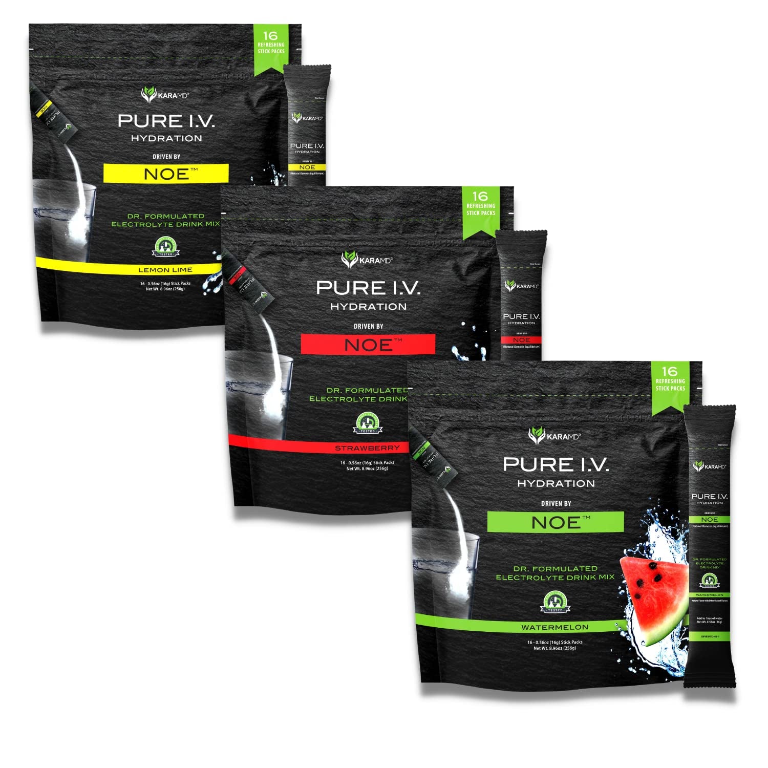 Karamd Pure I.V. - Electrolyte Powder Drink Mix 3 Flavor Bundle – Refreshing & Delicious Hydrating Packets with Vitamins & Minerals – 1 Lemon Lime - 1 Strawberry - 1 Watermelon Bag (48 Sticks)