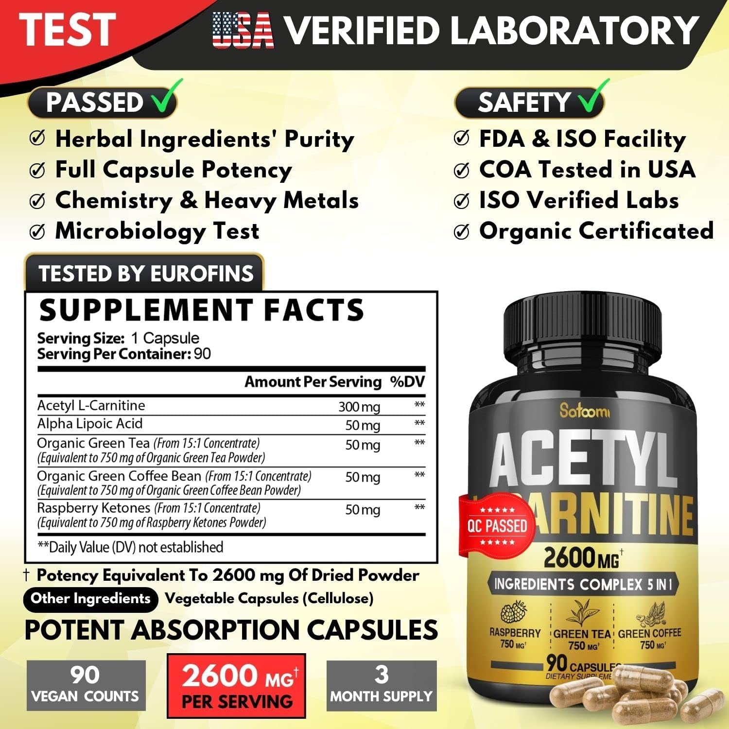 5In1 Acetyl L-Carnitine Complex Capsules - 2600Mg Daily - Body, Brain & Immune Health Support - Combined Alpha Lipoic Acid, Green Tea, Green Coffee Bean & Raspberry Ketones - 90 Counts for 3 Month