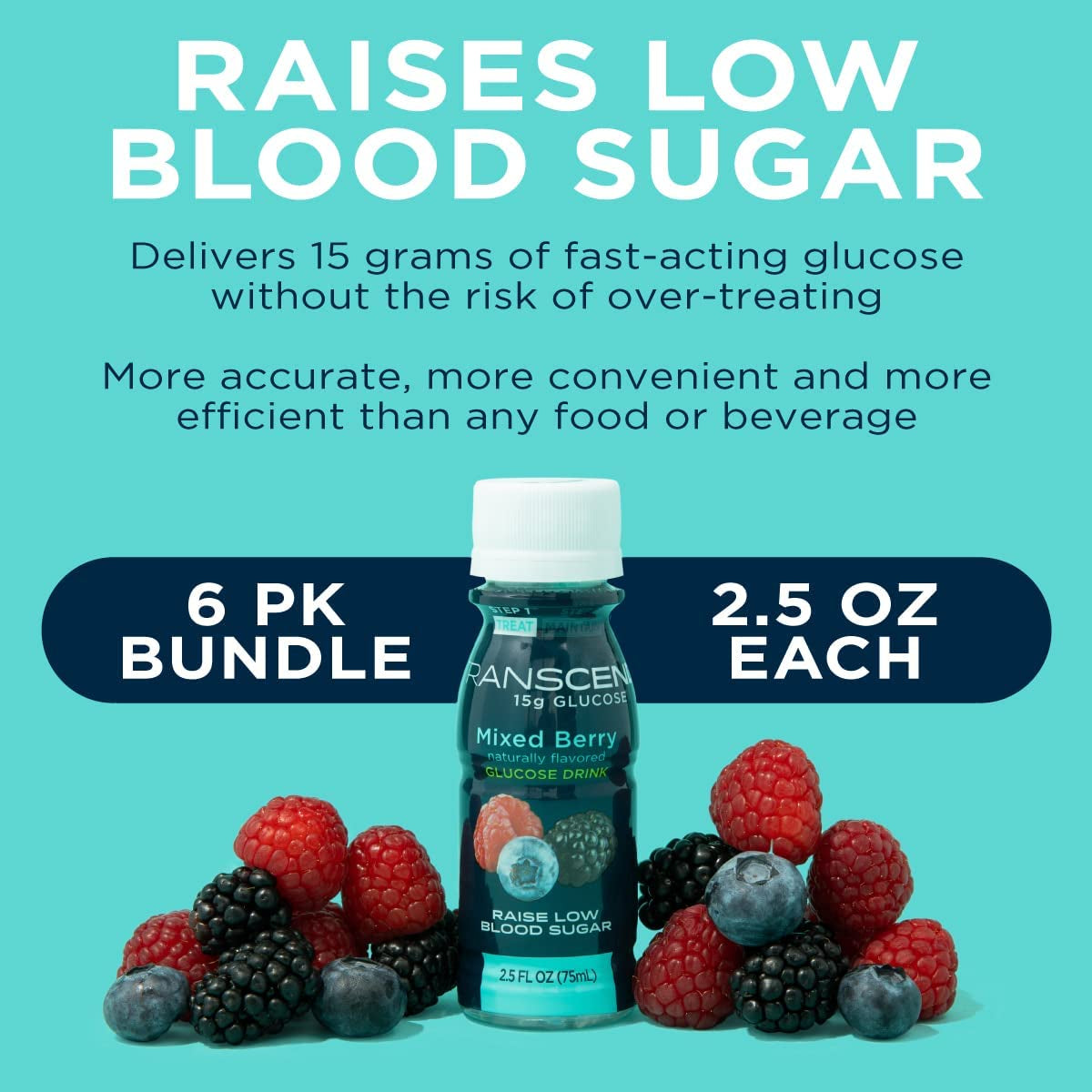 Transcend Glucose Shots - Mixed Berry - 12 Pack (2.5Oz Each) - Blood Sugar Support Liquid Glucose Shots for Diabetics - Fast Acting Glucose, Gluten Free, Vegan, Precise 15G Dose - Made in the USA