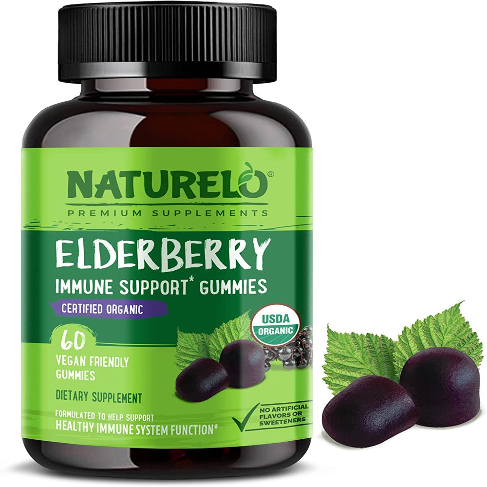 NATURELO Elderberry Gummies – Immune Support with Sambucus Elderberry + Vitamin C + Zinc – Certified Organic, 60Ct