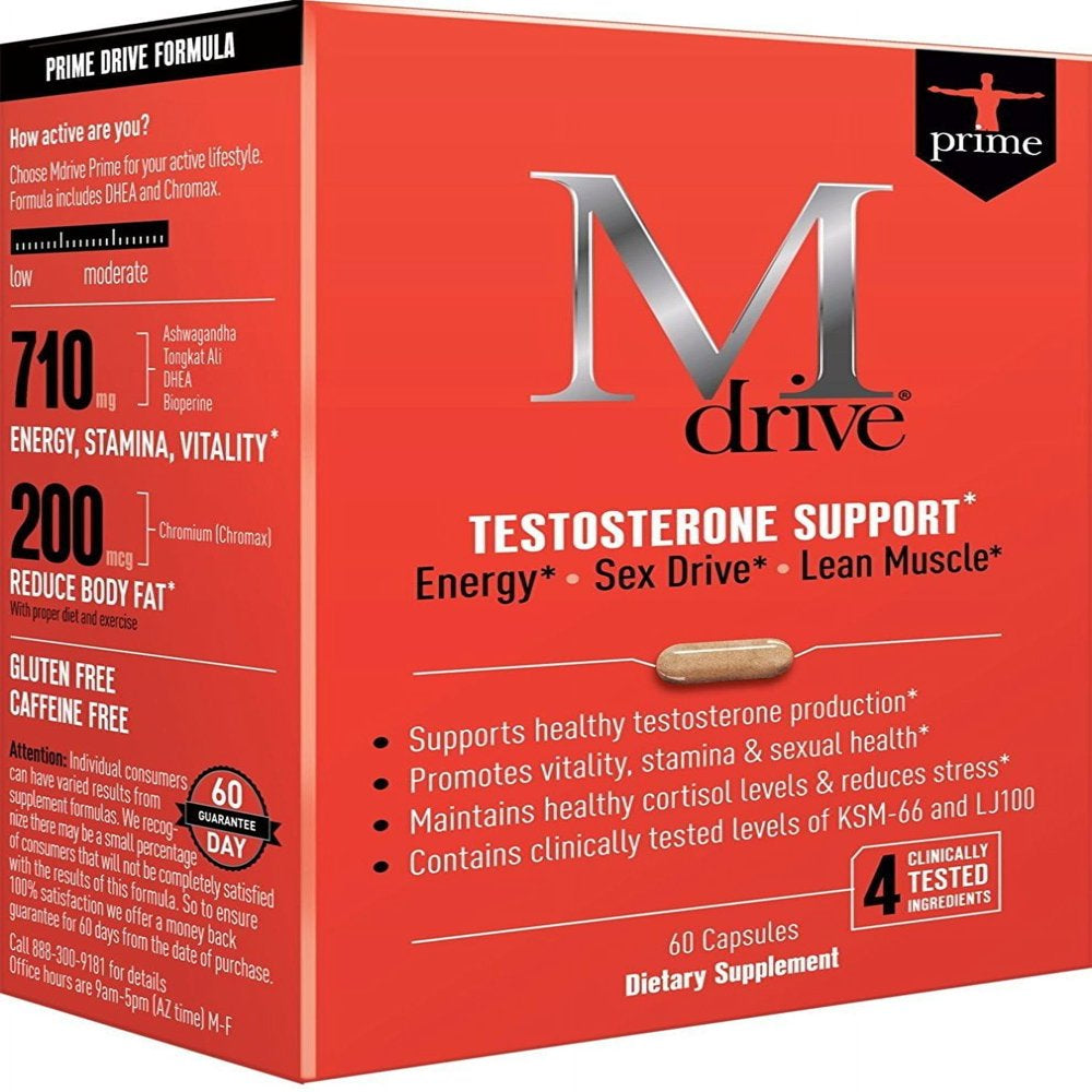 Mdrive Prime - Testosterone Support for Men, Max Energy, Stress Relief and Lean Muscle, KSM-66 Ashwagandha, S7 Nitric Oxide Booster, Bioperine and DHEA, 60 Capsules