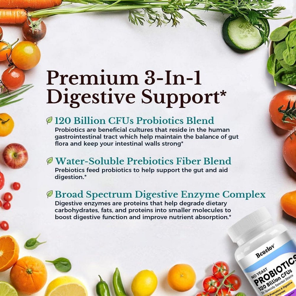 Bcuelov Probiotics 120 Billion CFU - 36 Strains with Prebiotics & Digestive Enzymes, Gut Digestive & Immune Support