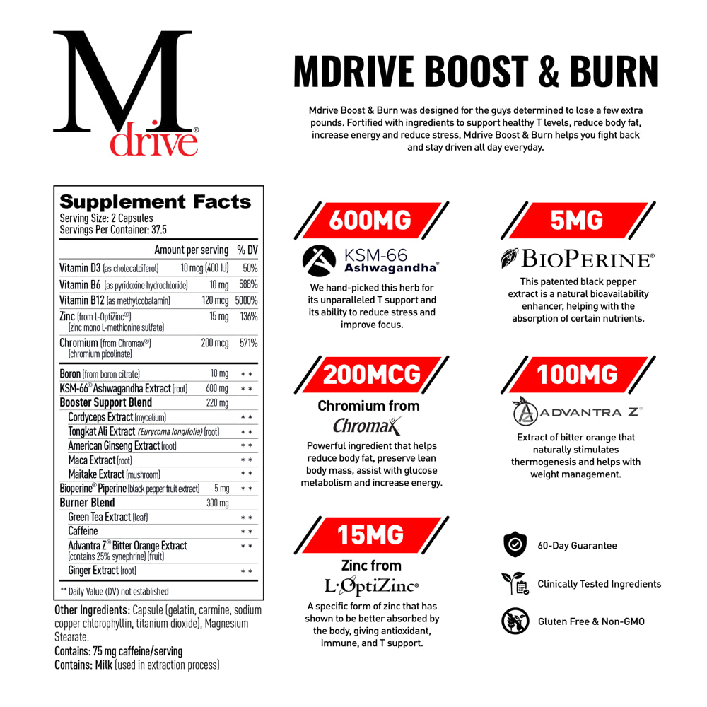 Mdrive Boost and Burn Testosterone Booster and Fat Burner for Men, Natural Energy, Strength, Stress Relief, Lean Muscle with Zinc, KSM-66 Ashwagandha, Cordyceps, Advantra Z, Chromax, 75 Capsules