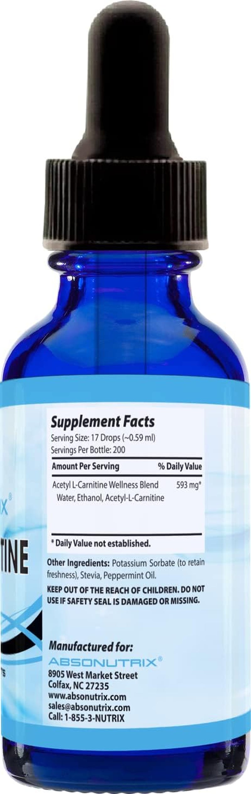 Absonutrix Acetyl L-Carnitine, 593Mg per Serving, 200 Potent Servings, Quick Absorption Liquid Drops, Gluten-Free, Third-Party Tested, Gmp-Certified, Non-Gmo, Made in USA