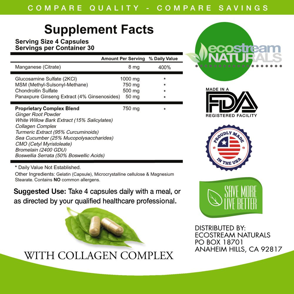 All Natural Glucosamine, Chondroitin, MSM, Turmeric, Boswellia and Collagen Complex by Ecostream Naturals, Joint Support - Gluten Free - (Packaging May Vary)