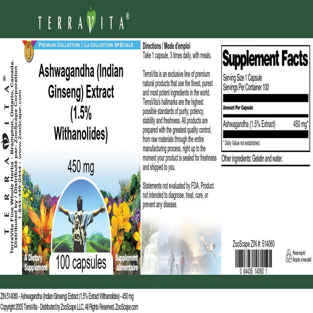 Terravita Ashwagandha (Indian Ginseng) Extract (1.5% Withanolides) - 450 Mg, (100 Capsules, 1-Pack, Zin: 514060)