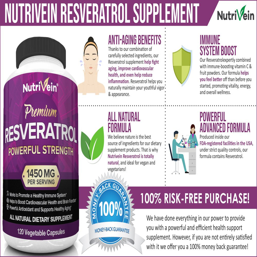 Nutrivein Resveratrol 1450Mg - anti Aging Antioxidant Supplement 120 Capsules