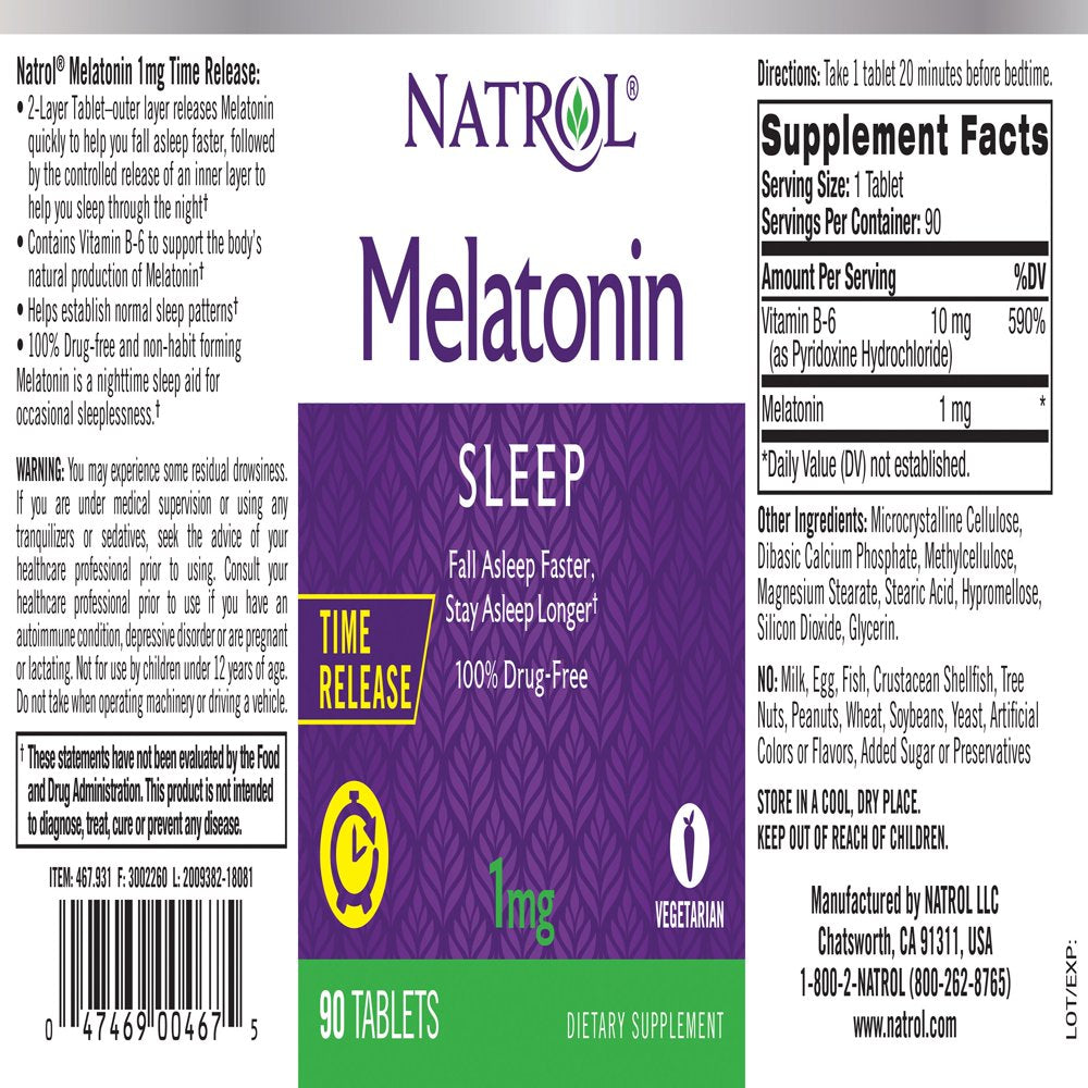 Natrol Dietary Supplement 1Mg Melatonin Sleep Aid Support, Drug Free, 90Ct