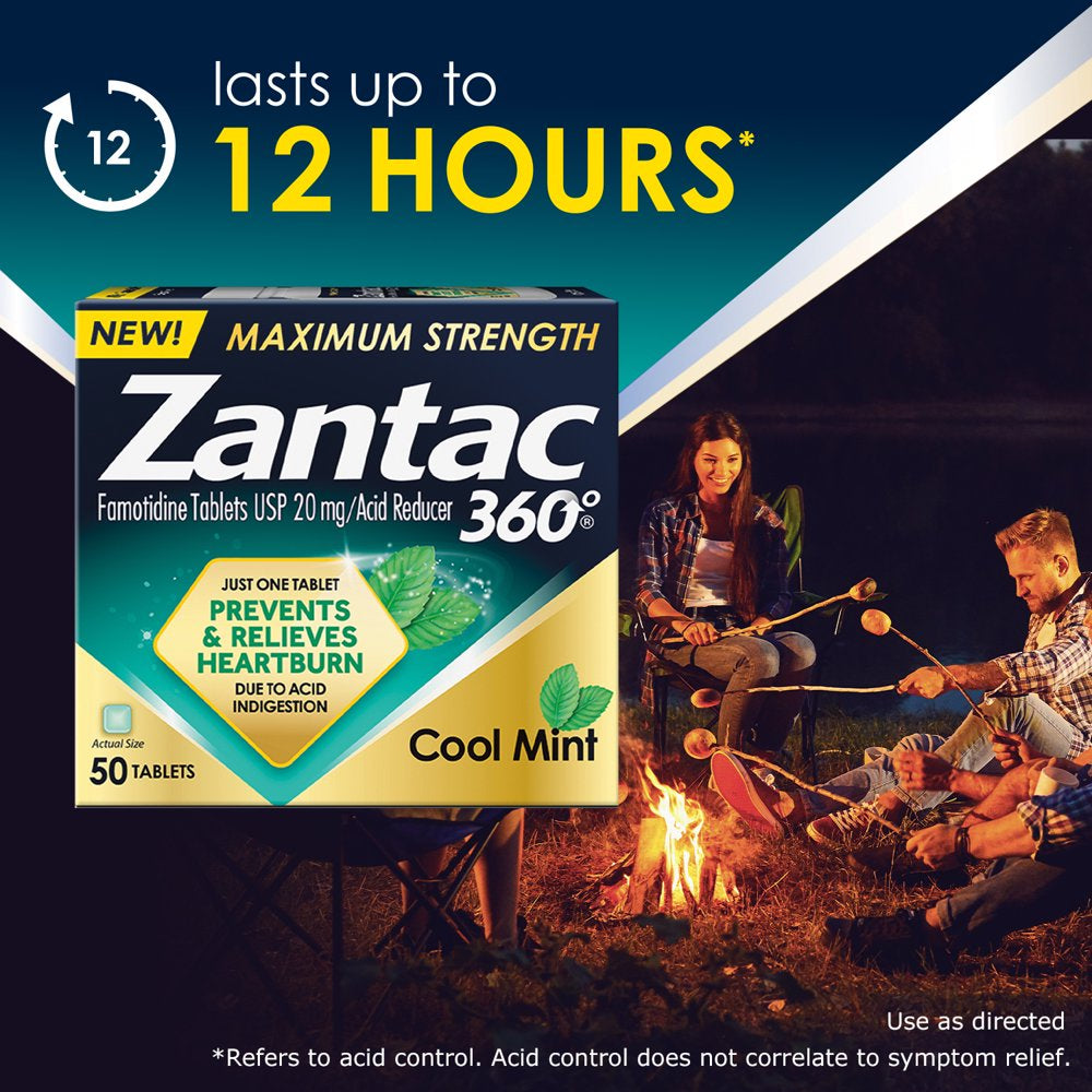 Zantac 360 Maximum Strength Prevents & Relieves Heartburn Cool Mint 20Mg Tablets /Acid Reducer 50Ct