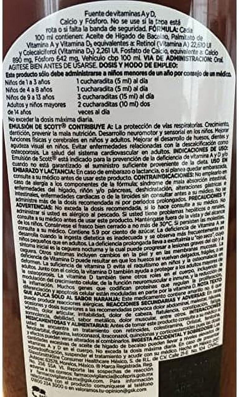 Scott Emulsion Orange Flavor - Family Size 400Ml - Vitamin Supplement Rich in Cod Liver Oil, Vitamins a and D, Calcium and Phosphorus - Emulsion Scott Naranja (2 PACK)