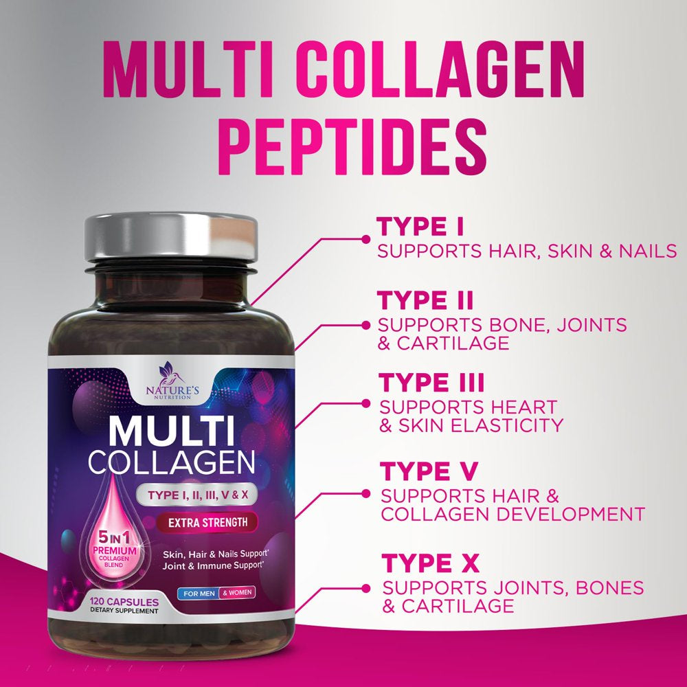 Multi Collagen Complex Pills - Type I, II, III, V, X, Grass Fed & Non-Gmo Hydrolyzed Collagen Peptides Supplement - Supports Hair, Nails, Skin & Joint Health, Gluten-Free, Paleo & Keto - 120 Capsules