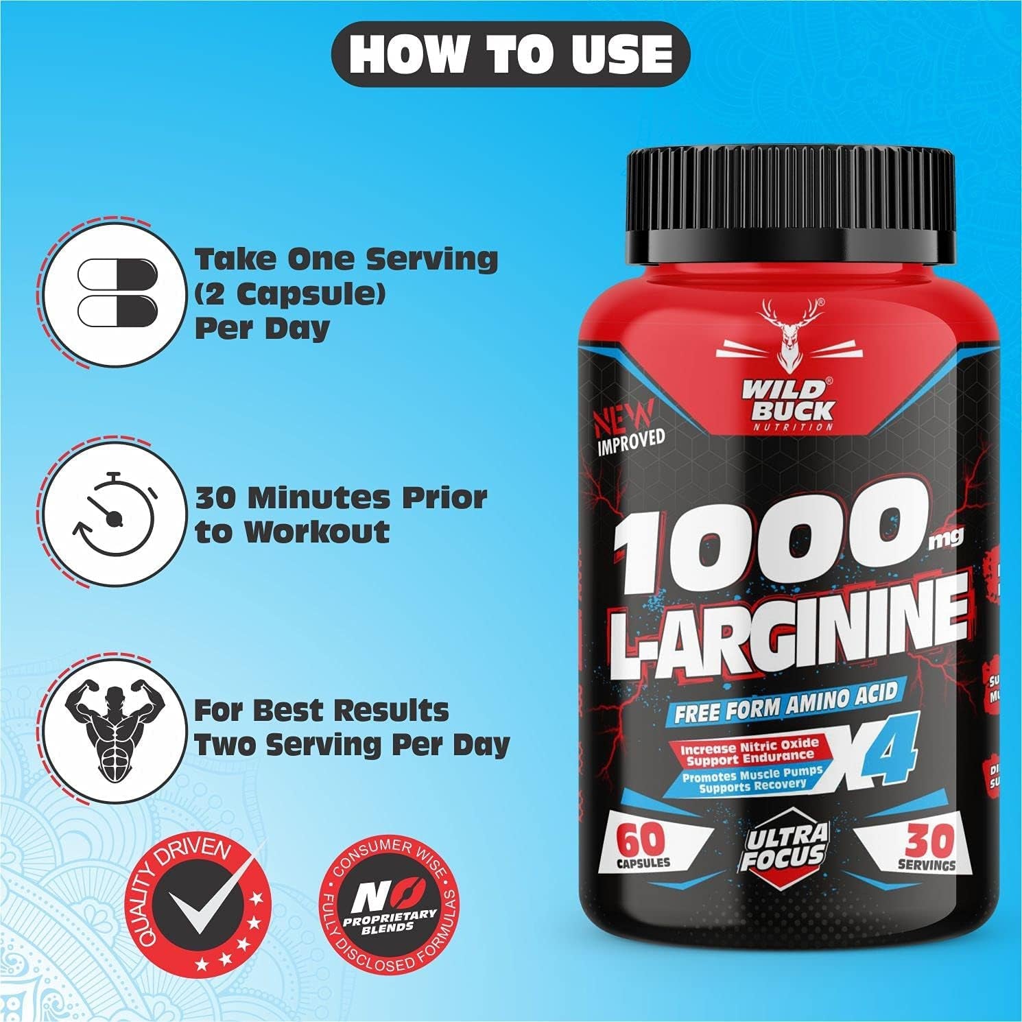 Metrol L Arginine 1000Mg Nitric Oxide Precursor Supplement for Massive Pumps, Maximum Vascularity and Muscle Growth, Stamina, Recovery | Essential Amino Acids | Powerful NO Booster - 60 Caps