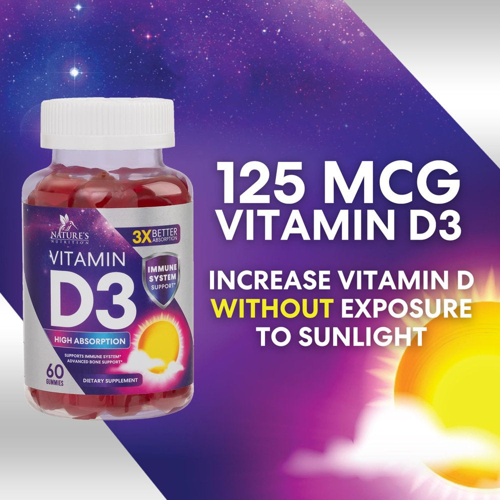 Vitamin D3 Gummy Vitamins Extra Strength 5000 IU (125 Mcg) High Potency Vita D Gummies Dietary Supplement - Bone, Teeth, Muscle & Immune Support, Nature'S Vitamin D Supplement, Non-Gmo - 60 Gummies