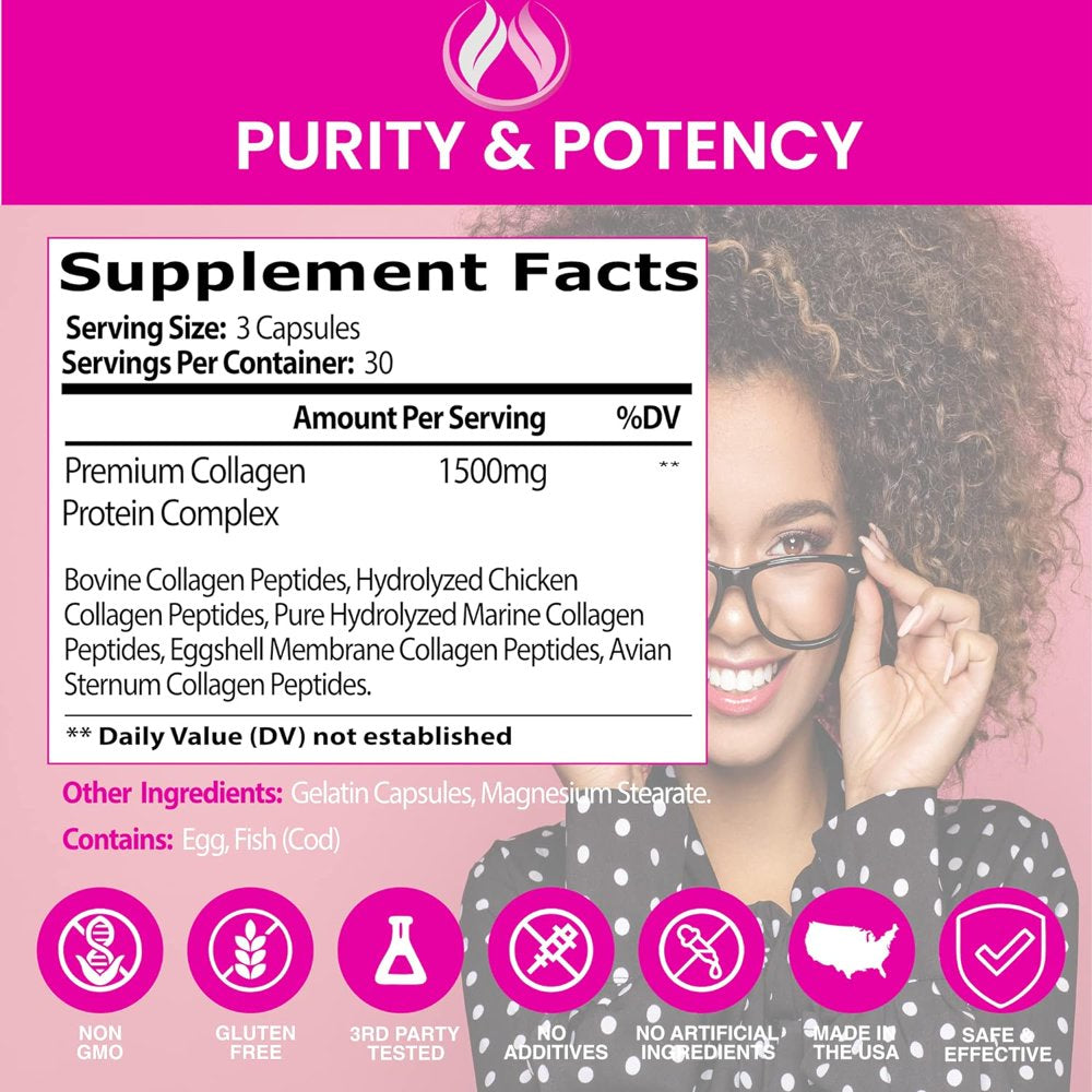 Collagen Pills Multi Collagen Complex Type I, II, III, V, X - Hydrolyzed Collagen Peptides Capsules, Hair Skin and Nails Vitamins, Joint Support, 90 Ct. - Enclare Nutrition Beautify