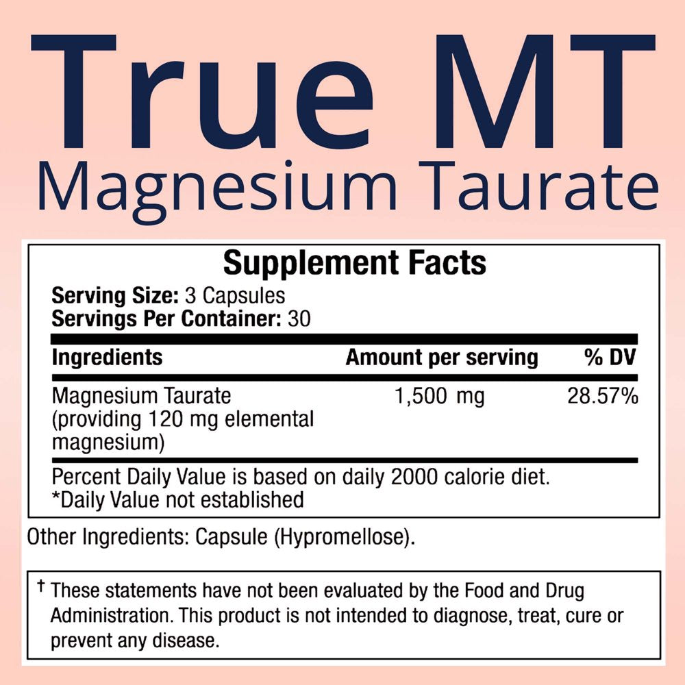 Truemed Magnesium Taurate Supports Cardiovascular Health and Reduces Anxiety Promotes Sleep Quality Supplement 1500 Mg 90 Capsules