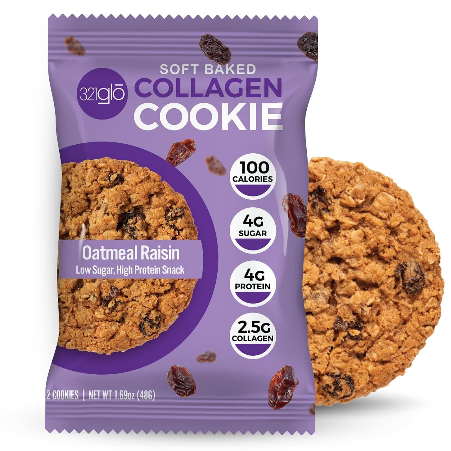 321Glo Collagen Cookies | Soft Baked, High Protein Cookies | Low Carb, Low Sugar | Keto Snack for Women, Men, & Kids | 12 Pack (Oatmeal Raisin)