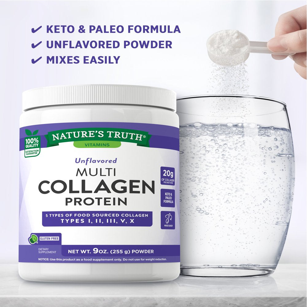 Nature'S Truth Multi Collagen Powder | 9 Oz | Type I, II, III, V, X | Hydrolyzed Collagen Peptide Protein Powder | Keto and Paleo Friendly | Unflavored | Non-Gmo, Gluten Free