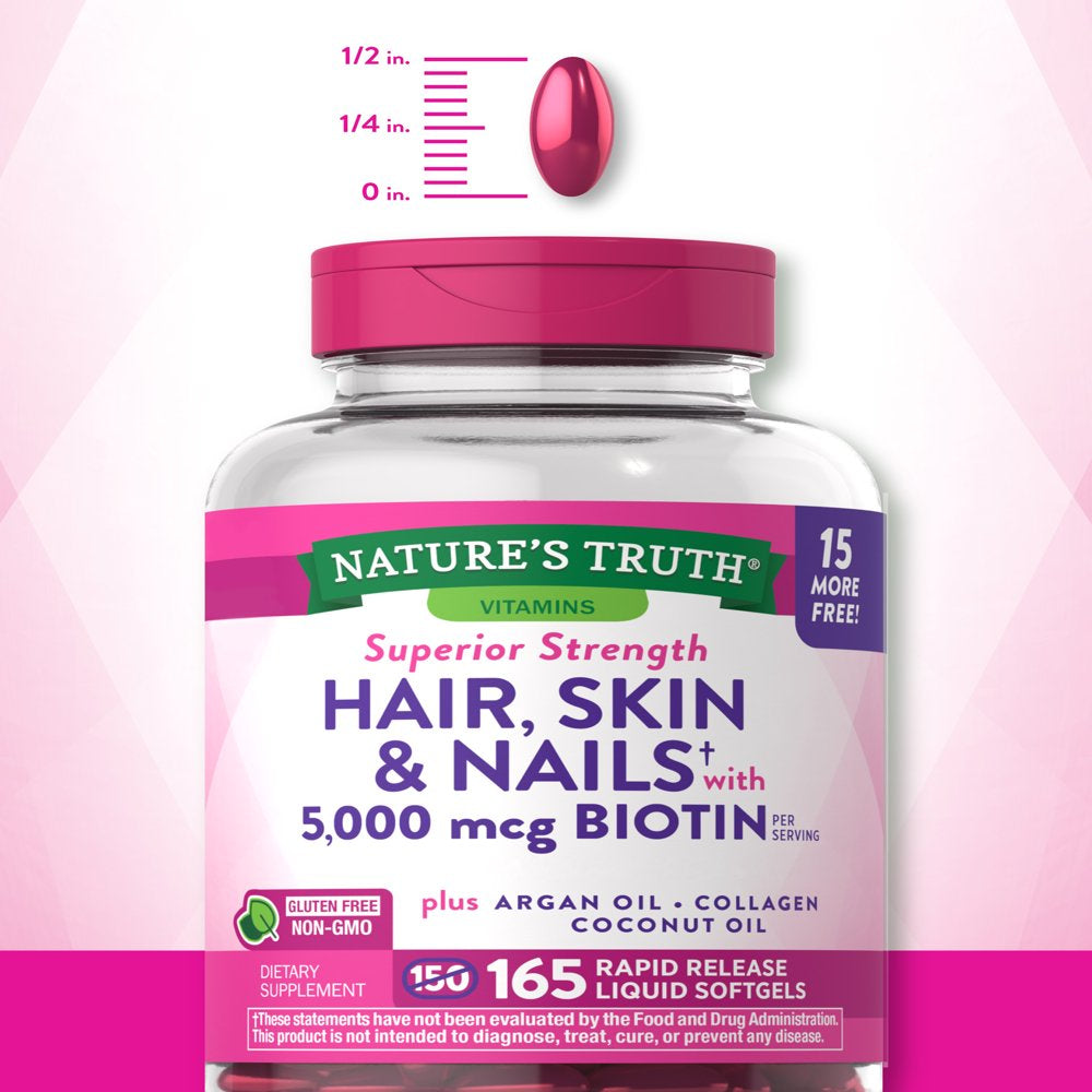 Hair Skin and Nails Vitamins | 165 Softgels | Extra Strength | plus Biotin, Collagen, Argan Oil and Coconut Oil | Non-Gmo and Gluten Free Supplement | by Nature'S Truth