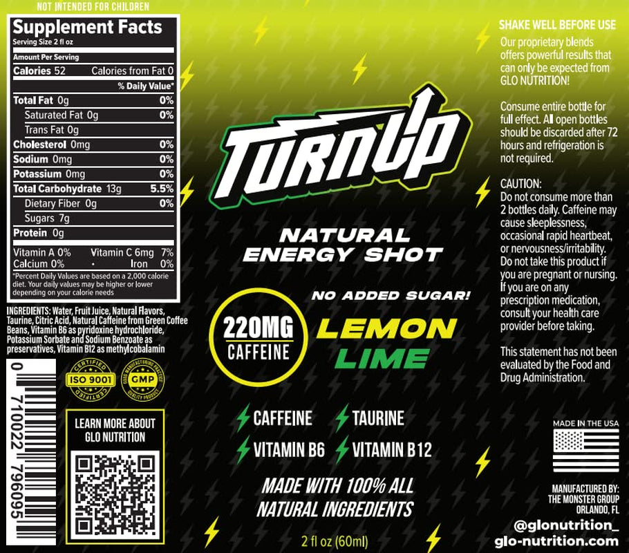 Turn up - Natural Energy Drink Shots | All Natural Energy without Jitters! | No Added Sugar - Real Fruit Juice | 220Mg Caffeine, B6, B12, Taurine | up to 7+ Hours | Lemon Lime - 2 Fl Oz - Pack of 12