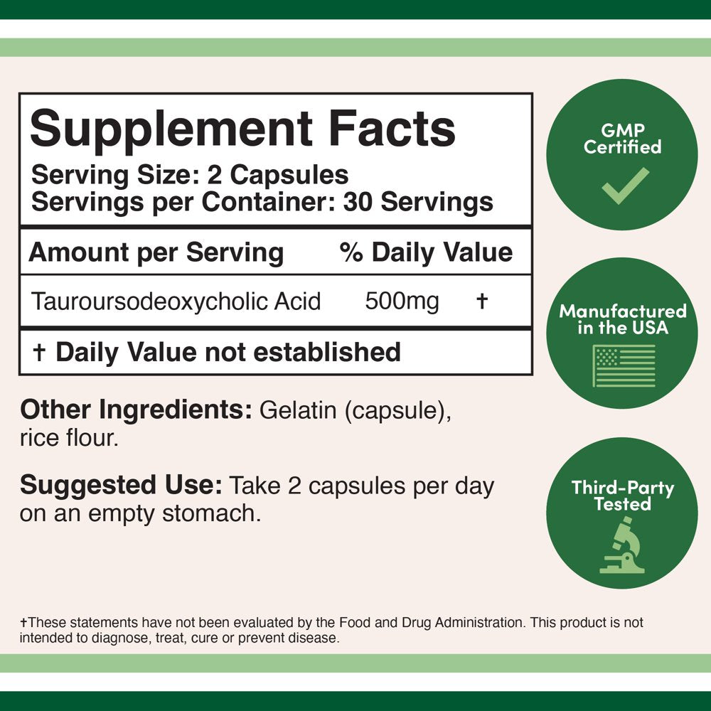 TUDCA Liver Support Supplement, (60 Capsules, 250Mg) Genuine Bile Acid TUDCA with Strong Smell and Taste by Double Wood Supplements