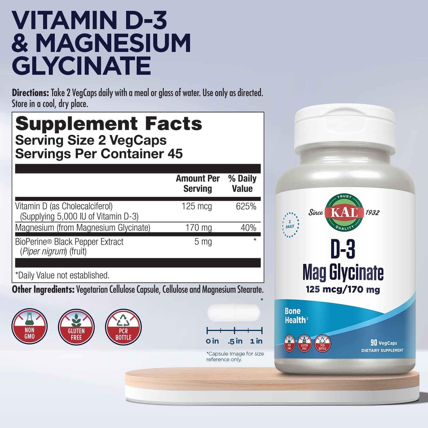 KAL Vitamin D3 & Magnesium Glycinate, Enhanced Absorption Formula with Bioperine, Muscle & Bone Health Support, Immune Support & More, Non-Gmo, Gluten Free, 45 Servings, 90 Vegcaps