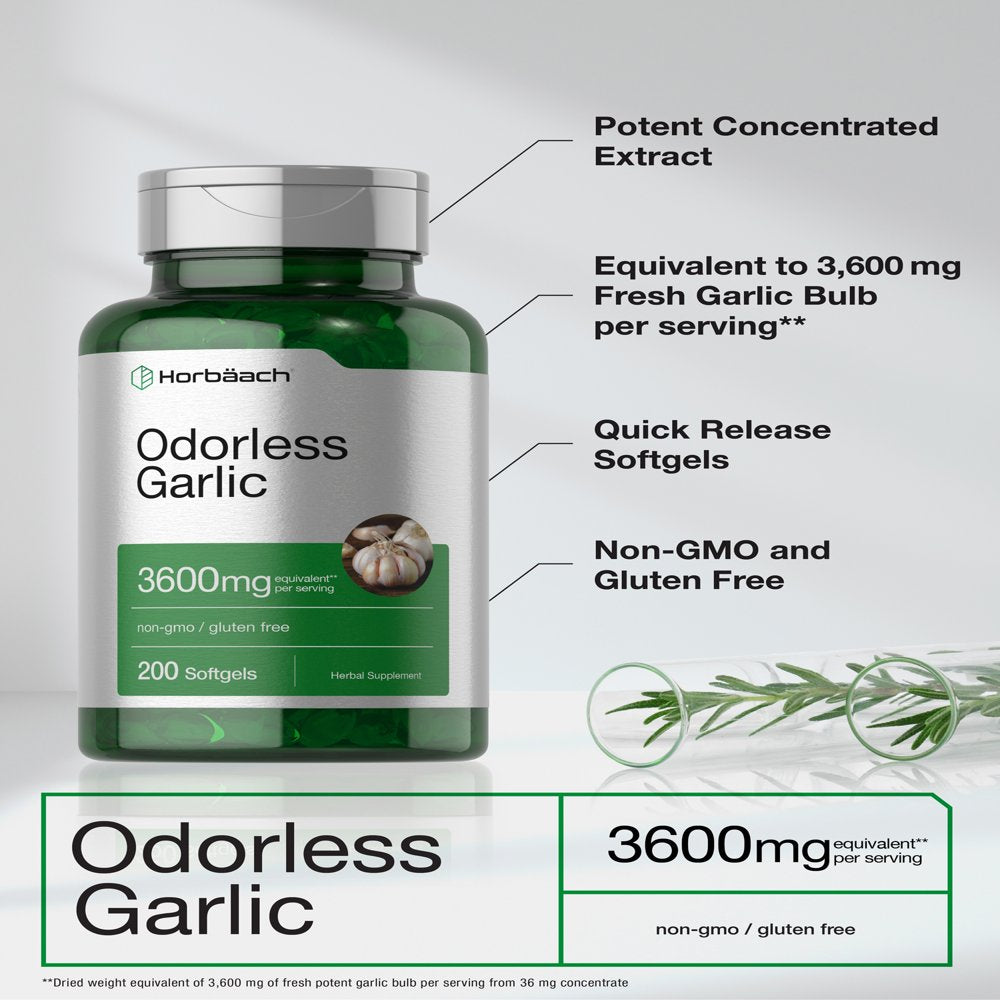 Odorless Garlic | 3600 Mg | 200 Softgels | Potent Garlic Extract | by Horbaach