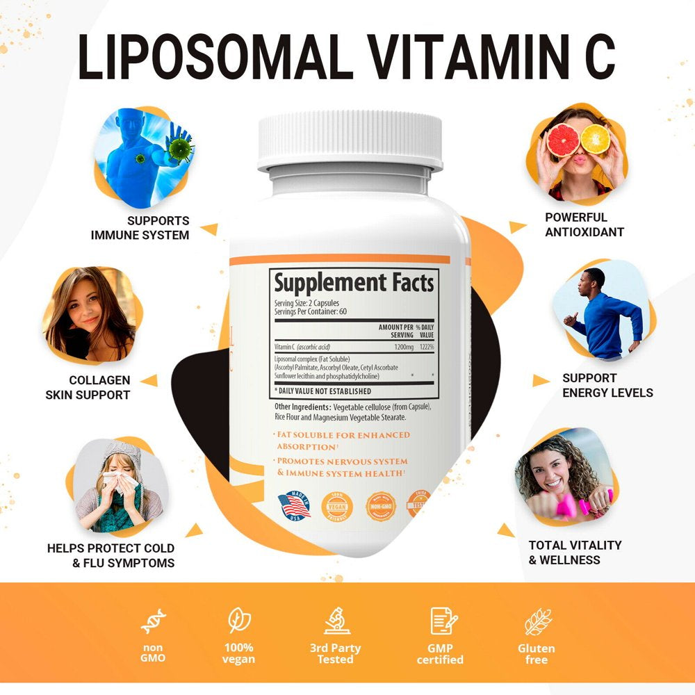 1 Body High Absorption Liposomal Vitamin C 1200Mg Collagen Support Dietary Supplement, VIT C Ascorbic Acid Pills, 120 Capsules