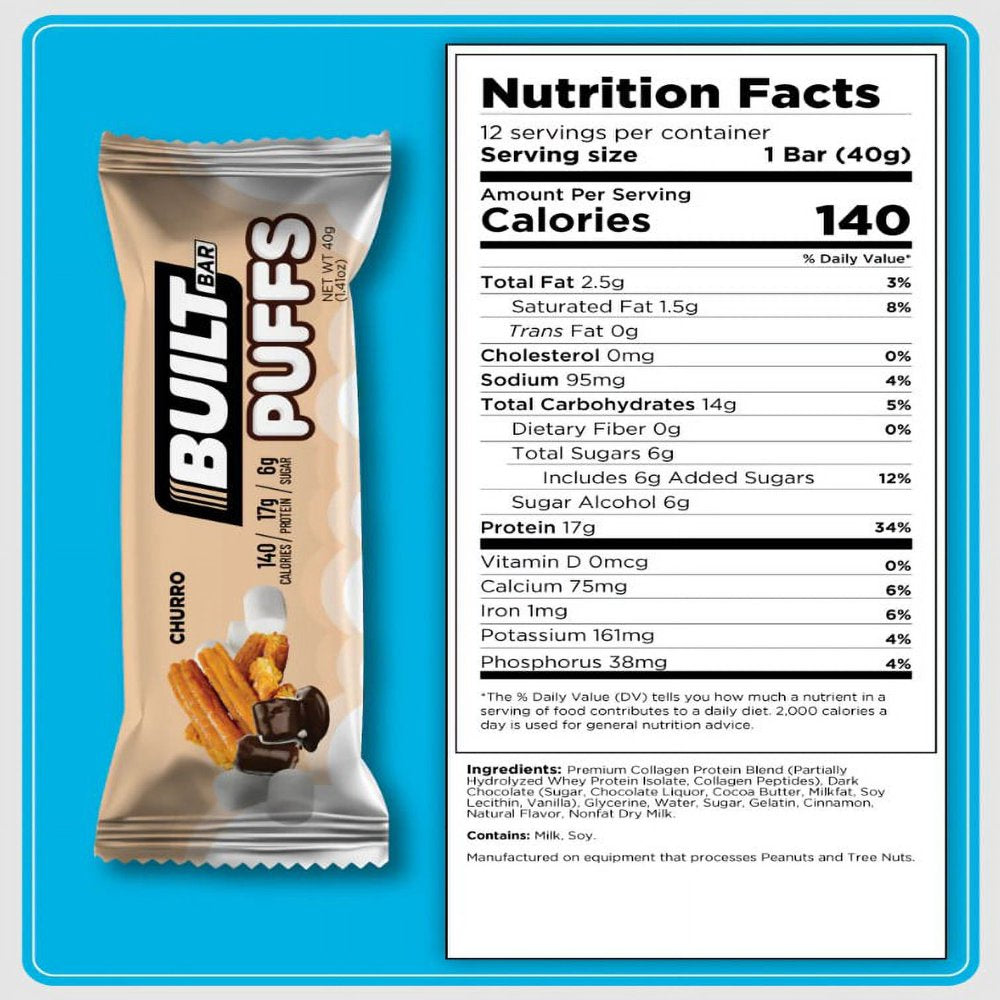 BUILT Puff Protein Bar, Collagen, Gluten Free, Low Sugar, Variety Box, 12Ct