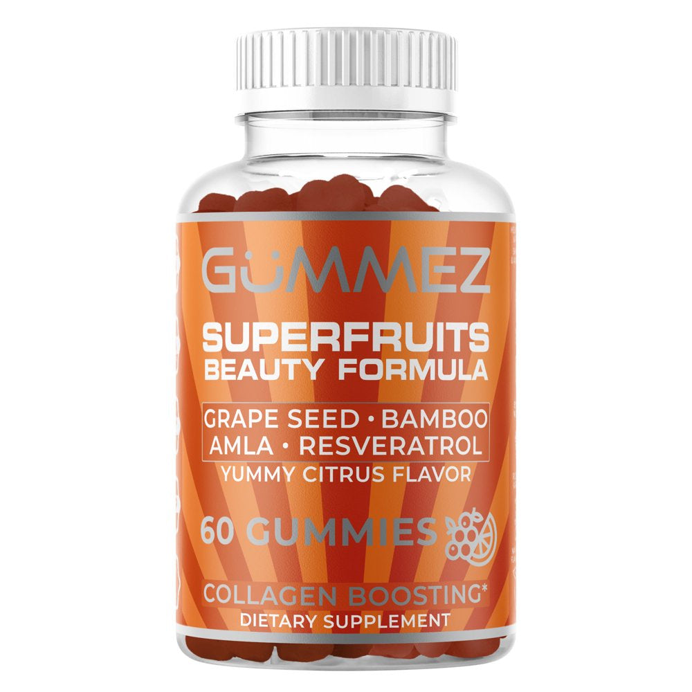 Superfruits Gummies - Vegan Collagen Booster Gummy 60 Count - Plant Based Citrus Flavor Supplements for Stronger, Healthier Hair, Skin & Nails Growth, Vitamins A, C, E, Biotin & Folate, Gluten-Free