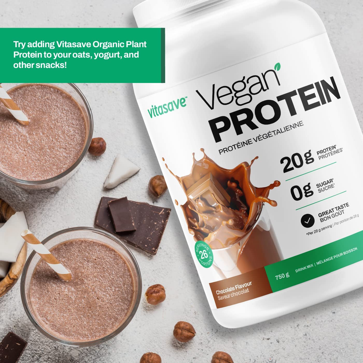 Vitasave Vegan Protein Powder (Highest Number of Servings)-Natural Chocolate Flavor, 20G Plant Based Protein, 26 Servings, 750G Tub, Soy Free, Gluten Free, Dairy Free and Sugar Free