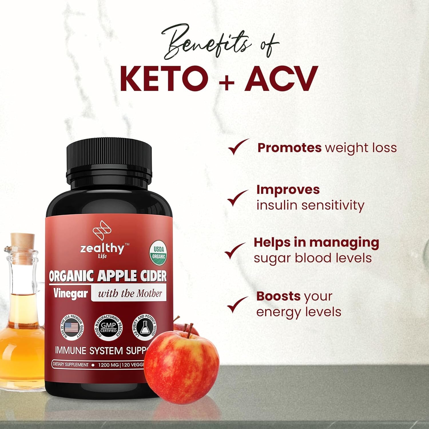 Zealthy Life Organic Keto - Apple Cider Vinegar Capsules - with the Mother 1200 Mg 120 Vegetarian Capsules