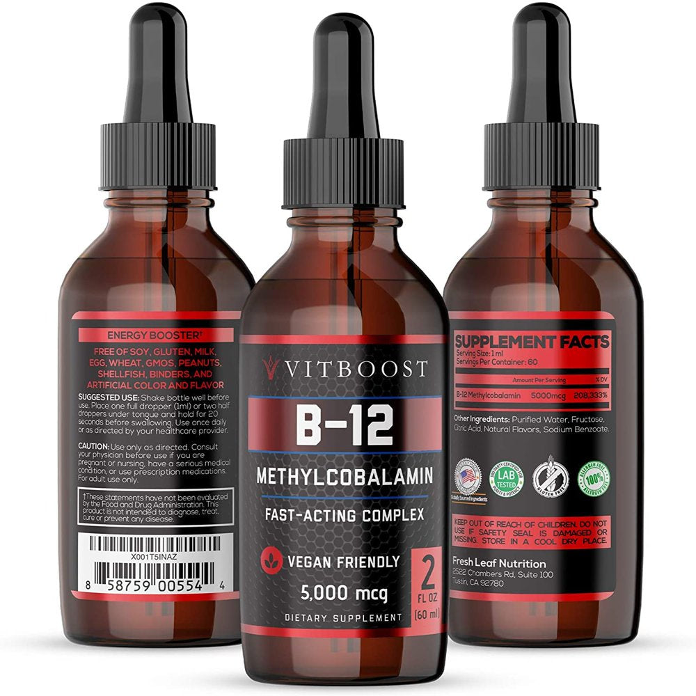 Vitboost Vegan Liquid B-12 Drops - 60 X 5000 Mcg Extra Strength Raspberry Flavored Vitamin B12 Liquid Methylcobalamin Sublingual Supplement | Designed to Maximize Absorption & Energy | Gluten Free