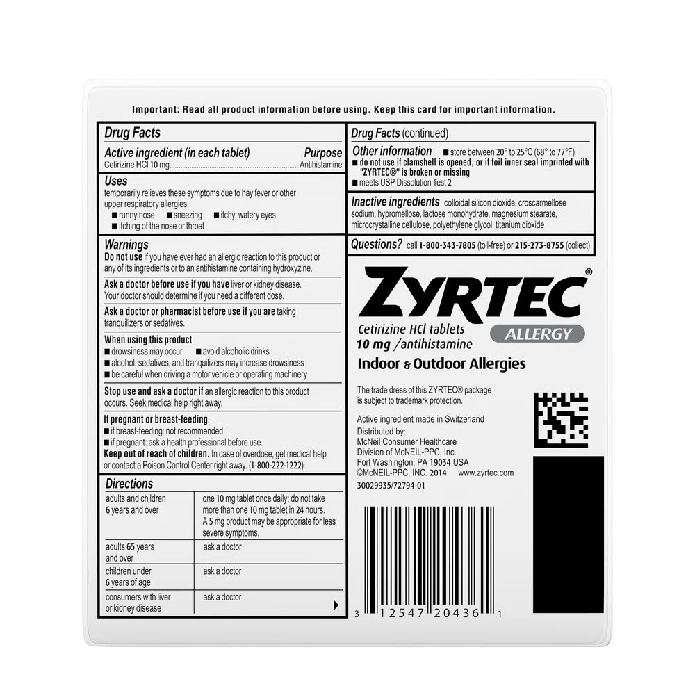 Zyrtec 24 Hour Allergy Relief Tablets with 10 Mg Cetirizine Hcl, 30 Ct