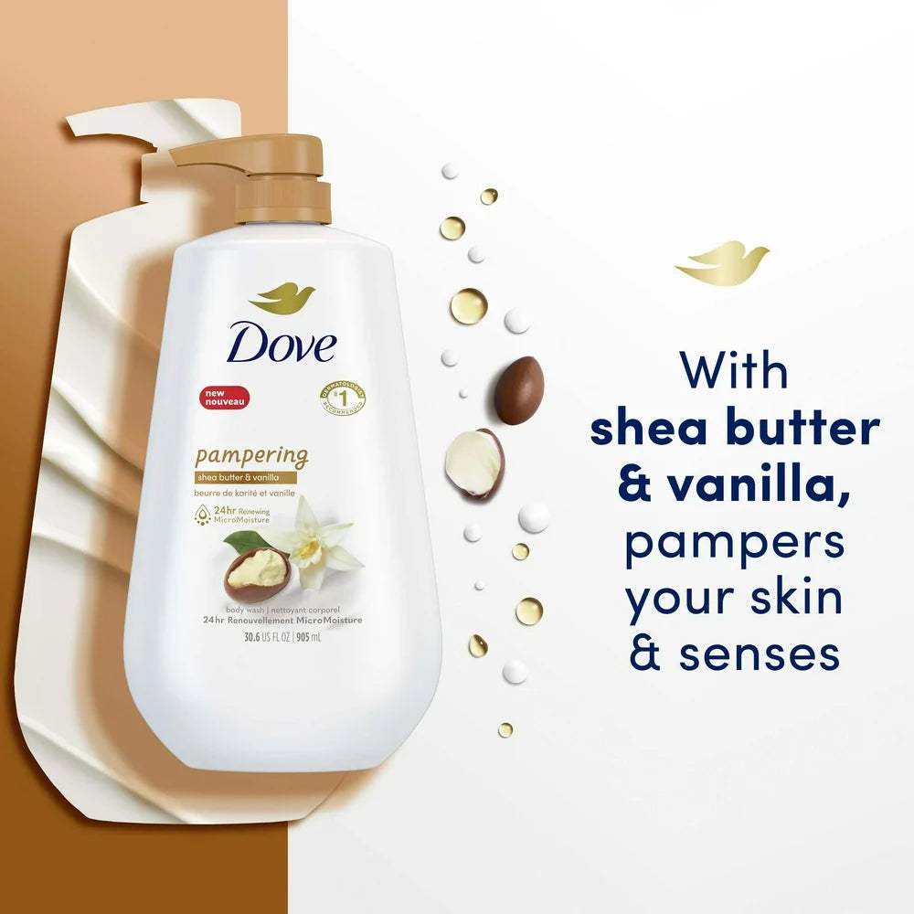 Dove Pampering Long Lasting Gentle Women'S Body Wash All Skin Type, Shea Butter & Vanilla, 30 Fl Oz