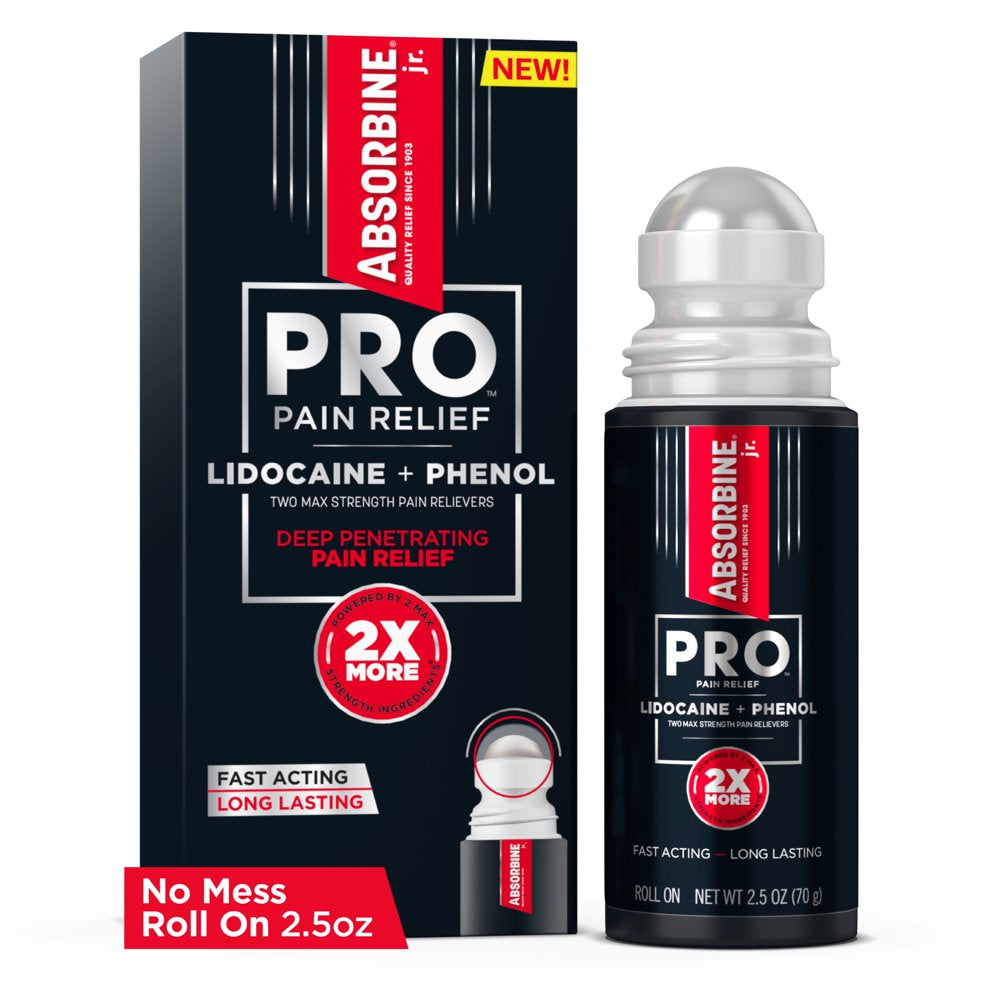 Absorbine Jr. Pro No-Mess Lidocaine Roll-On, Maximum Strength Numbing Pain Relief with Phenol for Fast-Acting Relief of Nerve Pain, Muscle Aches, and Joint Discomfort, 2.5 Oz.