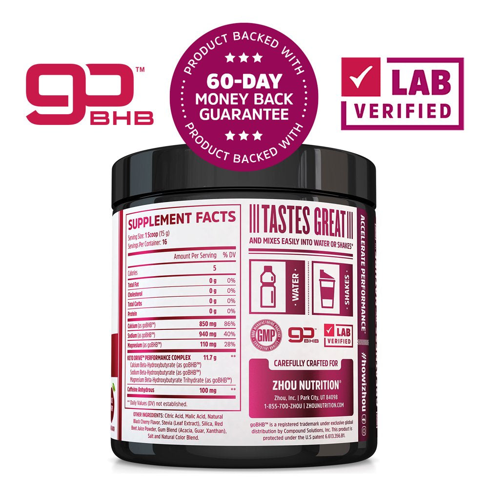 Zhou Keto Drive with BHB Ketones + Caffeine | Patented Beta-Hydroxybutyrates & Electrolytes | Black Cherry REVVED | 16 Servings, 240 Grams